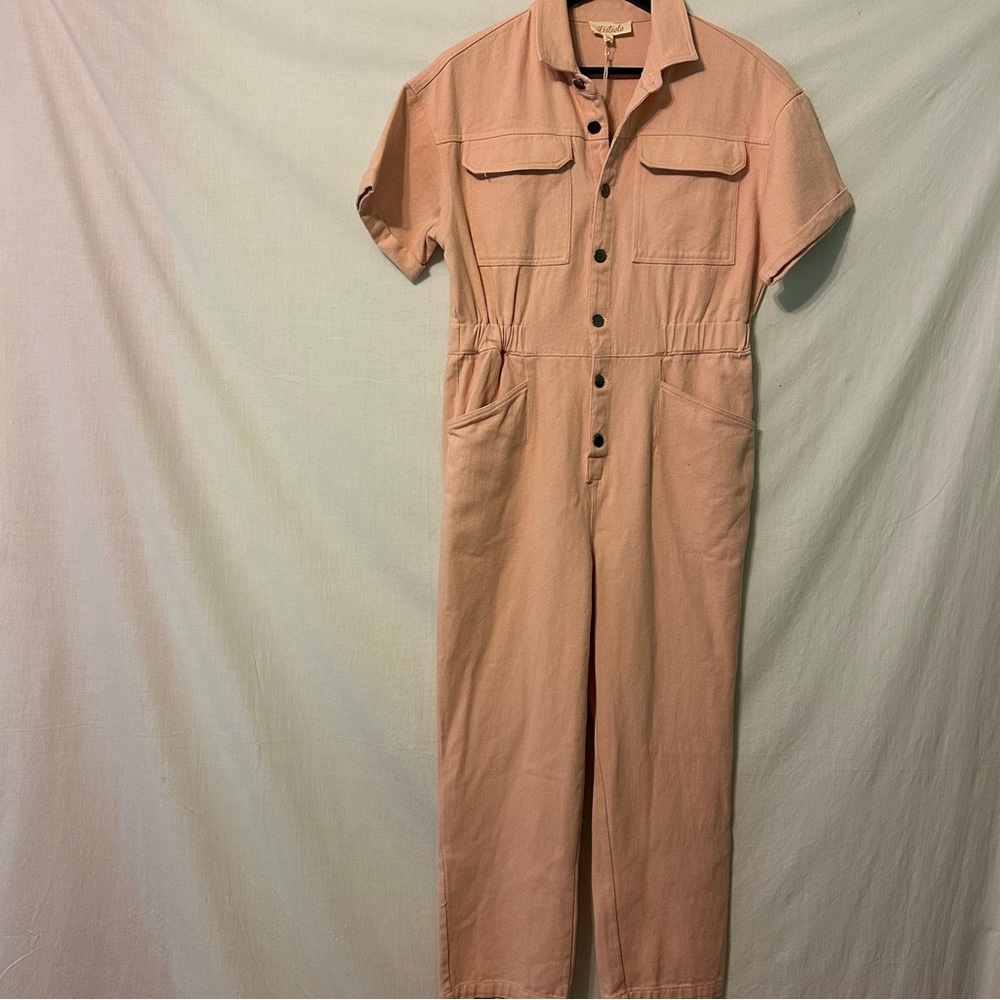 Listicle Women’s Boutique Peach Denim Jumpsuit Medium Pockets Elastic Waist NEW
